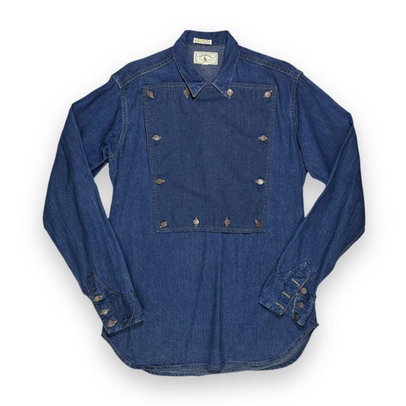 Vintage 1970s Polo Western Ralph Lauren Denim Popover Shirt | Rare Military Bib Front | Mens M