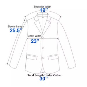 Puede incluir: Un diagrama de un blazer con medidas. El ancho de los hombros es de 48 cm, la longitud de la manga es de 65 cm, el ancho del pecho es de 58 cm y la longitud total bajo el cuello es de 76 cm. El blazer se muestra en un dibujo lineal.