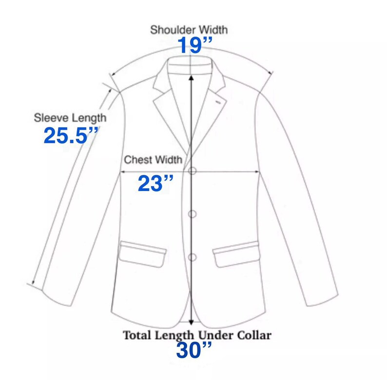 Puede incluir: Un diagrama de un blazer con medidas. El ancho de los hombros es de 48 cm, la longitud de la manga es de 65 cm, el ancho del pecho es de 58 cm y la longitud total bajo el cuello es de 76 cm. El blazer se muestra en un dibujo lineal.