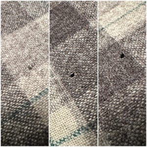 Puede incluir: Primer plano de una tela tejida gris y blanca con un sutil patr&oacute;n de cuadros. La tela tiene un aspecto texturizado con peque&ntilde;as imperfecciones. La paleta de colores es neutra, con toques de verde azulado. La tela parece ser una mezcla de lana.