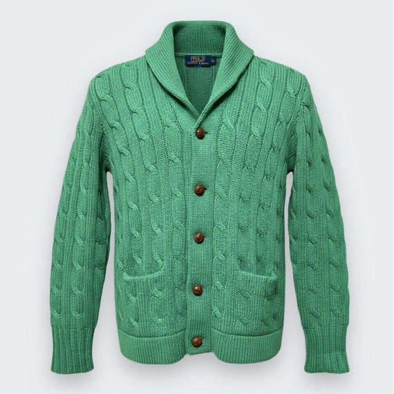 Vintage Polo Ralph Lauren Lambswool Shawl Collar Cable Knit Cardigan Green L