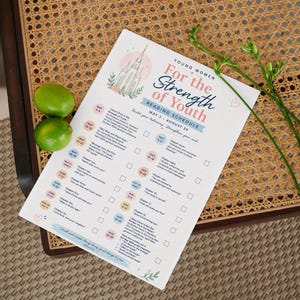 May include: A printed reading schedule titled "For the Strength of Youth" with a church illustration, dates, and checkboxes. Two green limes and a sprig of greenery rest on a woven chair.