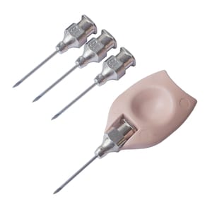 May include: Three silver needles with a 30 gauge marking and a pink plastic needle holder.