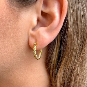 Twisted Hoop Earrings: 18K Gold Plated Sterling Silver Huggies