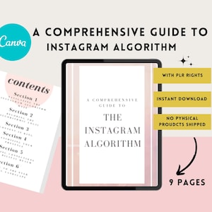Może przedstawiać: Różowo-biały tablet cyfrowy wyświetlający przewodnik po algorytmie Instagrama. Przewodnik nosi tytuł "A Comprehensive Guide to The Instagram Algorithm". Tablet znajduje się na różowym tle z białą ramką. Tekst "9 Pages" jest napisany pod tabletem.