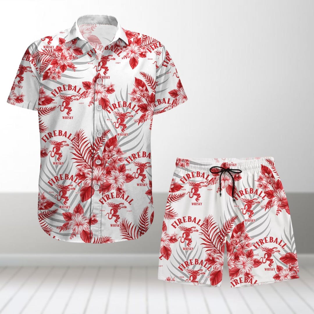 Fireball Button Shirt and Shorts, Whisky Hawaiian Shirt, Alcohol Summer ...