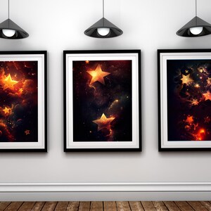 Conjunto de 3 grandes estrellas de cielo estrellado / Estrellas animadas / Arte de dibujos animados de estrellas / Hermosas estrellas celestiales / Estrellas brillantes en el espacio / Arte de pared imprimible