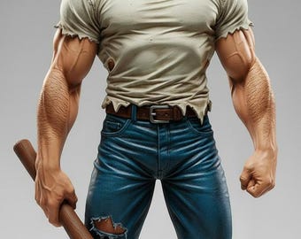 May include: A muscular action figure with dark blue hair, wearing a distressed beige t-shirt and ripped blue jeans with a brown belt. The figure has a stern facial expression and is holding a smooth brown wooden baseball bat in the right hand.