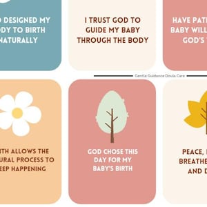 May include: A set of eight affirmation cards with pastel backgrounds and illustrations. Each card features a different message about pregnancy and childbirth, such as "God designed my body to birth naturally."