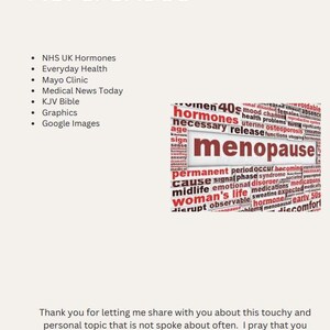 May include: A slide titled "References" with a list of sources, including "NHS UK Hormones" and "Mayo Clinic." A word cloud graphic features the word "menopause" and related terms such as "hormones" and "midlife."