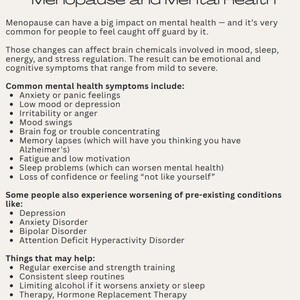 May include: A book page with the heading "Menopause and Mental Health." The text details mental health symptoms associated with menopause, such as anxiety and mood swings, and offers suggestions for support and treatment.