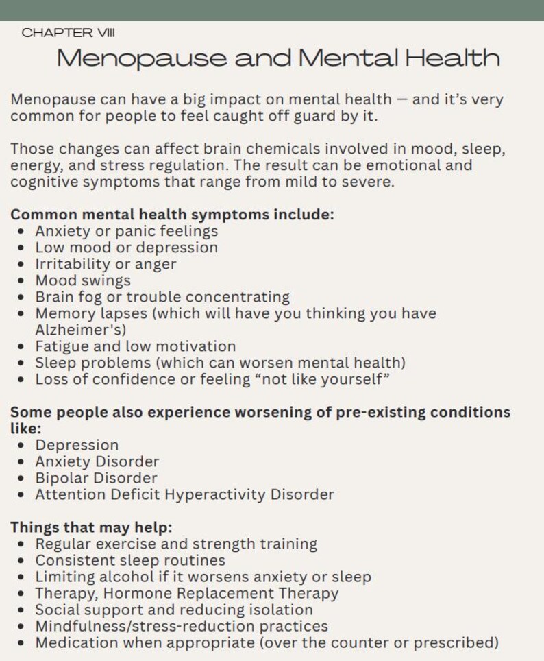 May include: A book page with the heading "Menopause and Mental Health." The text details mental health symptoms associated with menopause, such as anxiety and mood swings, and offers suggestions for support and treatment.