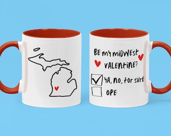 Anpassningsbar mugg för alla hjärtans dag i Michigan, personlig present till alla hjärtans dag i mellanvästern, ja, nej, säkert kaffekopp, personlig present till stad och delstat