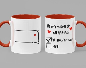 Anpassningsbar mugg för alla hjärtans dag i South Dakota, personlig present till alla hjärtans dag-festen i mellanvästern, ja, nej, säkert kaffekopp, personlig stad/delstat