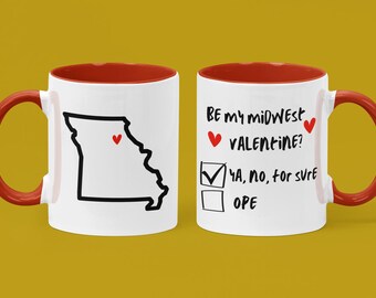 Anpassningsbar mugg för alla hjärtans dag i Missouri, personlig present till alla hjärtans dag i mellanvästern, ja, nej, säkert kaffekopp, personlig present till stad och delstat