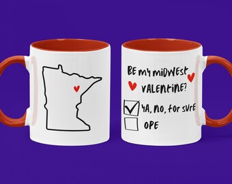 Anpassningsbar Alla hjärtans dag-mugg från Minnesota, personlig present till Alla hjärtans dag-dryck från Mellanvästern, Ya, No, For Sure-kaffekopp, personlig stads- och delstatsopera