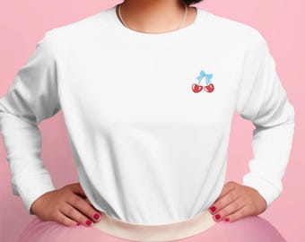 Söt broderad hjärt-körsbärströja, röda hjärtan-körsbärs-crewneck, alla hjärtans dag-present till henne, år 2000-estetik, kokettbroderi