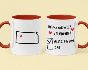 Anpassningsbar mugg för alla hjärtans dag i Kansas, personlig present till alla hjärtans dag i mellanvästern, Ya, No, For Sure-kaffekopp, personlig present till stad och delstat