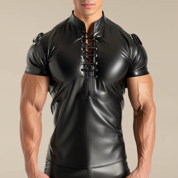 Chemise en cuir pour homme faite main - Chemise en cuir noir à manches courtes - Chemise en cuir de peau d'agneau - Chemise en cuir à rayures élégantes - Cadeau pour lui