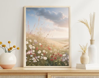 Wildflowers, field, blue sky, landscape