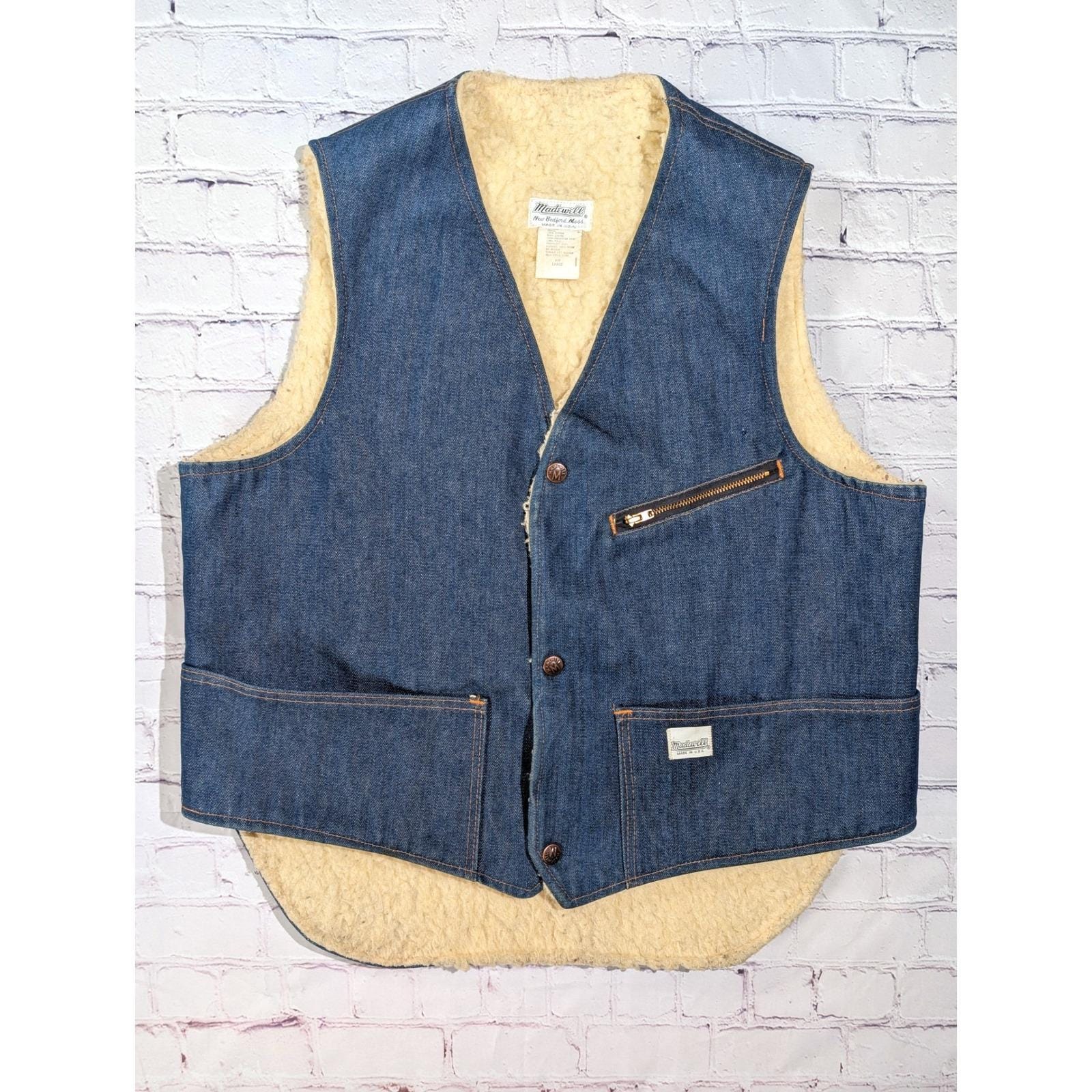 Madewell, Vintage Madewell Denim Sherpa Lined Vest Mens L USA Made 70s 80s Workwear Talon