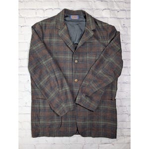 Pendleton Wool Blazer Mens L XL Green Brown Plaid USA Virgin Wool Crest Button