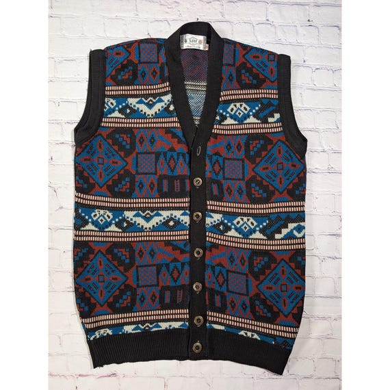 Vintage 90s SHF Wool Blend Sweater Vest Mens 42 Aztec Southwestern Geometric
