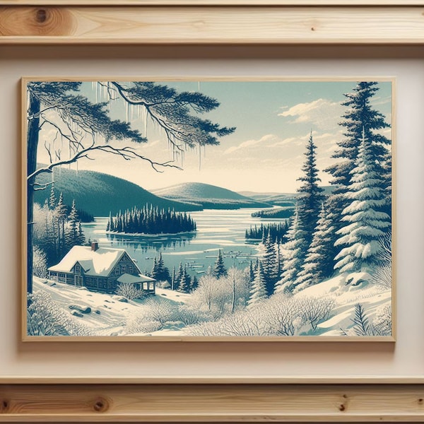 Winter Painting, Christmas Print, Printable Wall Art, Winter Decor, Snow Winter Landscape