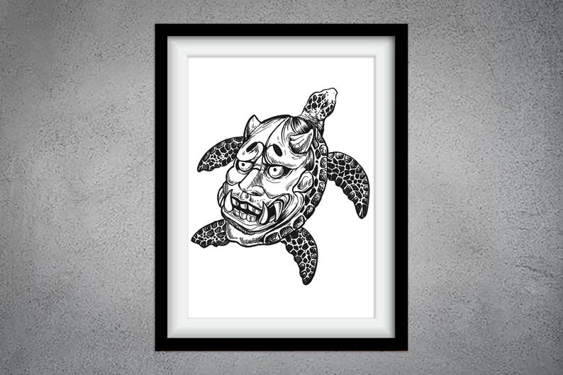 Turtle With Mask Turtle Mask Ink Sketch Art Print Japanese Ink Illustration Sea Turtle ...