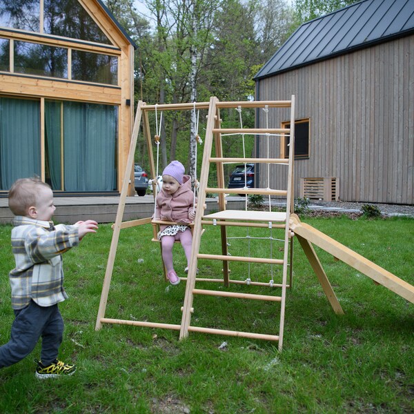 Indoor / Outdoor play gym For Kids Montessori play gym Jungle Gym Montessori climber set, Toddler Climbing triangle with slide Pickler Swing