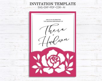 Rose wedding invitation template svg, Birthday pocket invite card, flower invitation for Cricut Laser Silhouette