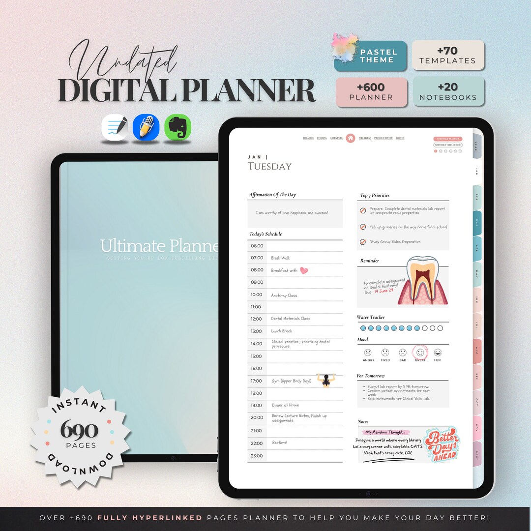 Portrait Undated Digital Planner, Pastel iPad & Android Planner ...