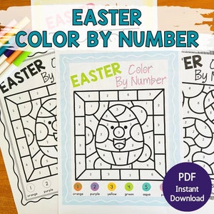 May include: Printable Easter colour by number activity sheets featuring an Easter egg with a smiling face. The sheets include a colour key with six colours: orange, purple, yellow, green, aqua, and pink. The text "PDF Instant Download" is visible in the bottom right corner.
