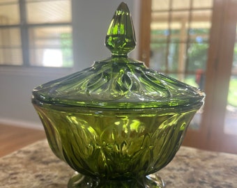Vintage Indiana Glass Footed Avocado Green Thumbprint Candy Nut Dish Lid