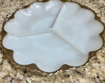 anchor hocking vintage milk glass divided tray with gold trim