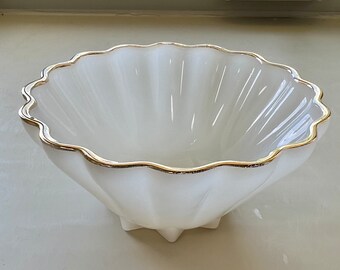 Vintage Anchor Hocking gold rimmed milk glass fluted small bowl