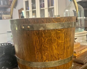 large vintage brass bound oak bucket for coal or logs