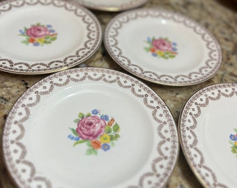 40s 50s vintage American Home dinnerware dishes set, Carmen cottage floral china Set of 5 bread and butter plates