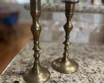 tall pair of vintage midcentury brass candlestick holders