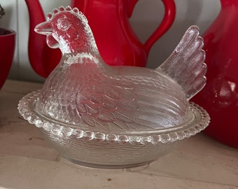 vintage Indiana glass clear nesting hen dish