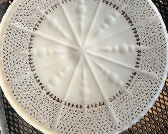 Anchor Hocking vintage Milkglass cake plate MCM with gold filigree markings