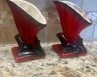 Shawnee pottery set of two red art deco style bud vases