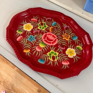 hand painted enamel red tray with floral folk art