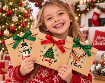 Personalized Christmas Money Holder 2026, Custom Name Kraft Cash Gift Envelope with Satin Ribbon, Xmas Money Gift for Kids