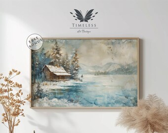 Winter Cabin Landscape, Oil Painting, Printable Art