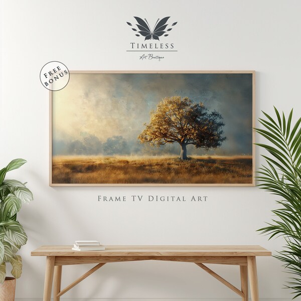 Countryside Oak Tree Landscape, Frame TV Art, Oil Painting, Digital