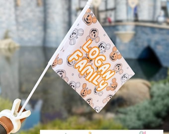 Personalized Stroller Flag | Theme Park Trip Accessory, Orange Pumpkin Mouse Design