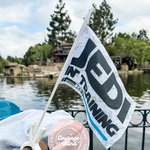 May include: A white stroller flag with the words "JEDI IN TRAINING" in black and blue. The flag is attached to a white clip on a stroller handle. The background shows a lake and trees.