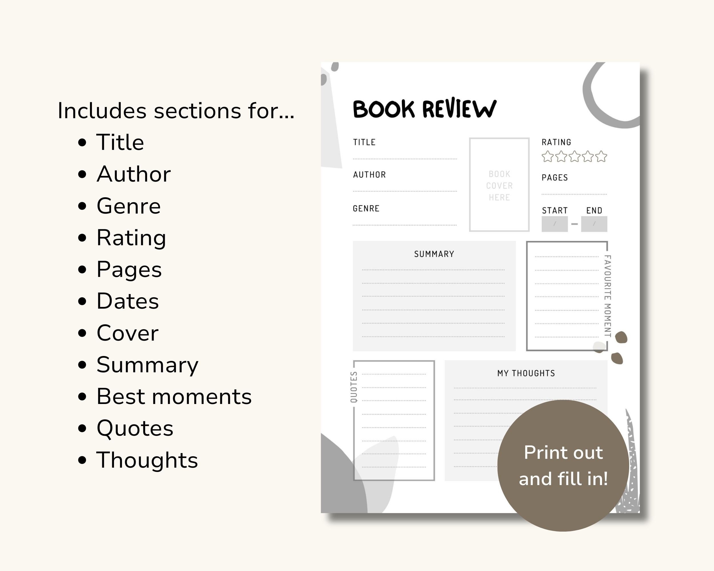 Printable Book Review Template, Book Summary, Book Report Template Printable Book Review Template, Book Summary, Book Report Template