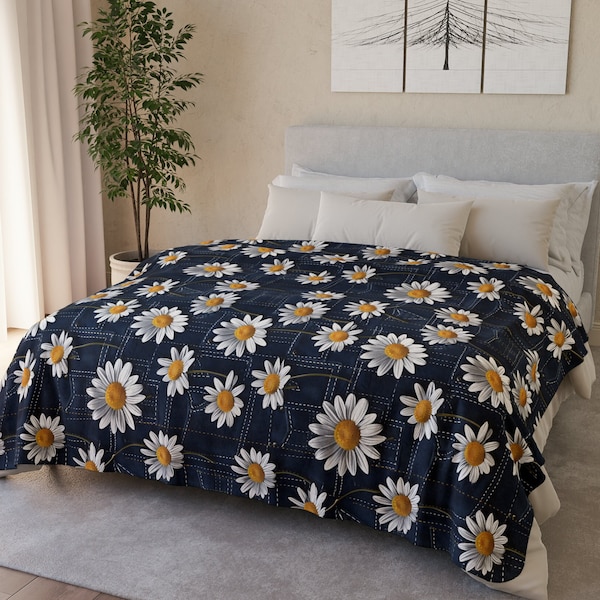 Decorative Daisy Sherpa Throw Soft Textured Floral Blanket Thick Accent Cover Stylish One-Sided Print Bedroom Decor Denim Blue Like Pattern